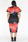 Plus Size Floral Flutter Shoulder Bodycon Dress Black [SALE]