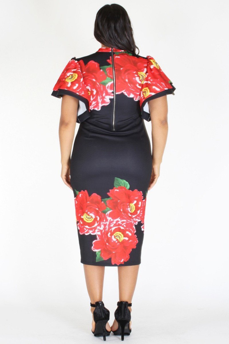 Plus Size Floral Flutter Shoulder Bodycon Dress Black [SALE]