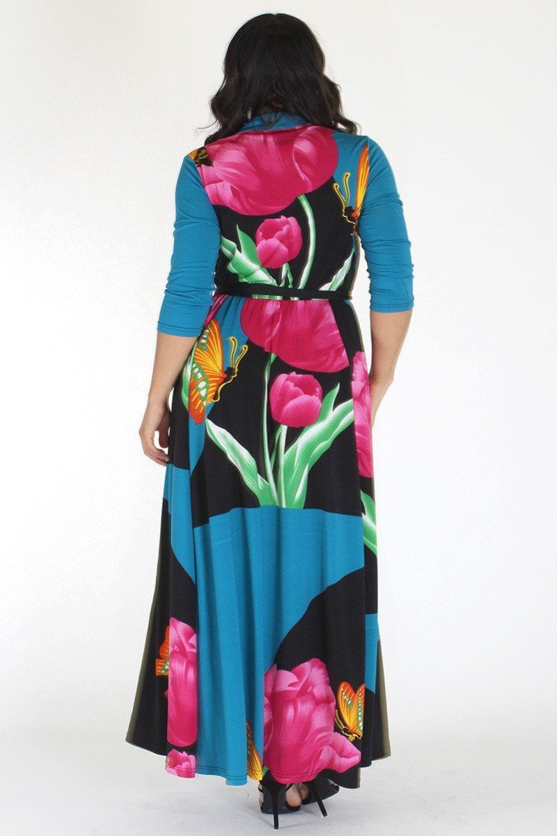 Plus Size Butterfly Tropical Ribbon Tie Maxi Dress [SALE]