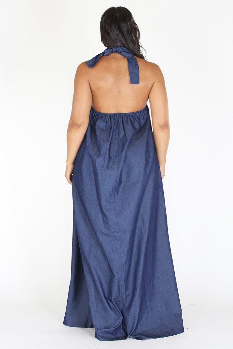 Plus Size Denim Goddess V Neck Maxi Dress [PRE-ORDER 25% OFF]