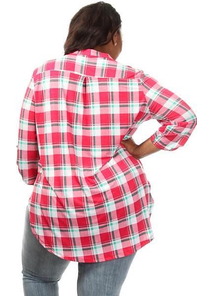 Plus Size Plaid Unique Print Button Down Top