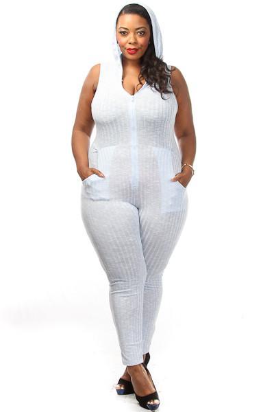 Plus Size Ribbed Zip Up Hooded Catsuit