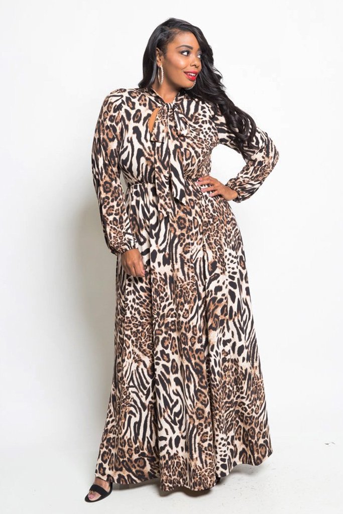 Plus Size Leopard Neck Ribbon Tie Maxi Dress