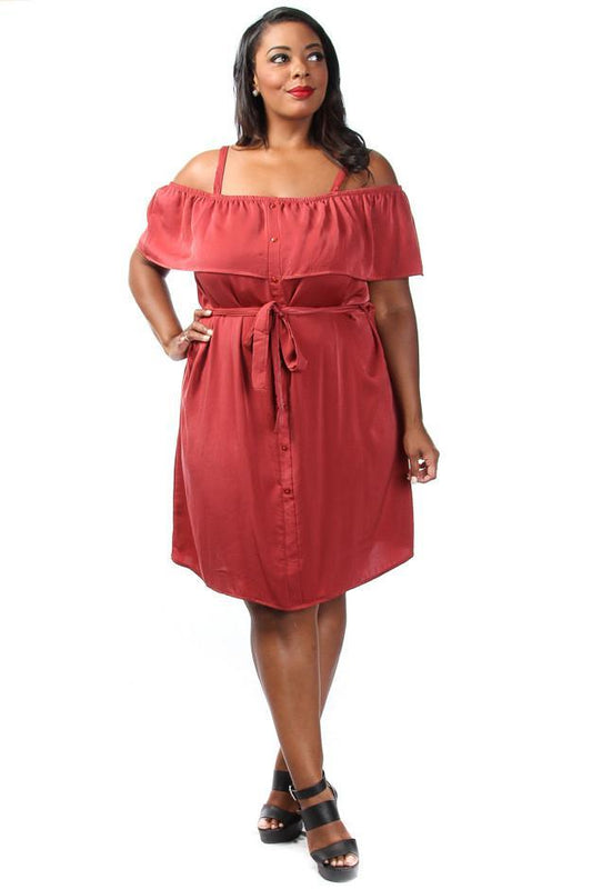 Plus Size Glam Ruffled Sexy Off Shoulder Button Down Dress