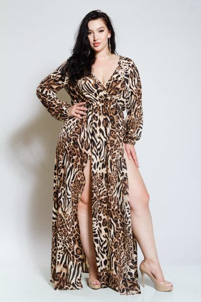 Plus Size Leopard Double Slit Sexy Surplice Maxi Dress [SALE]