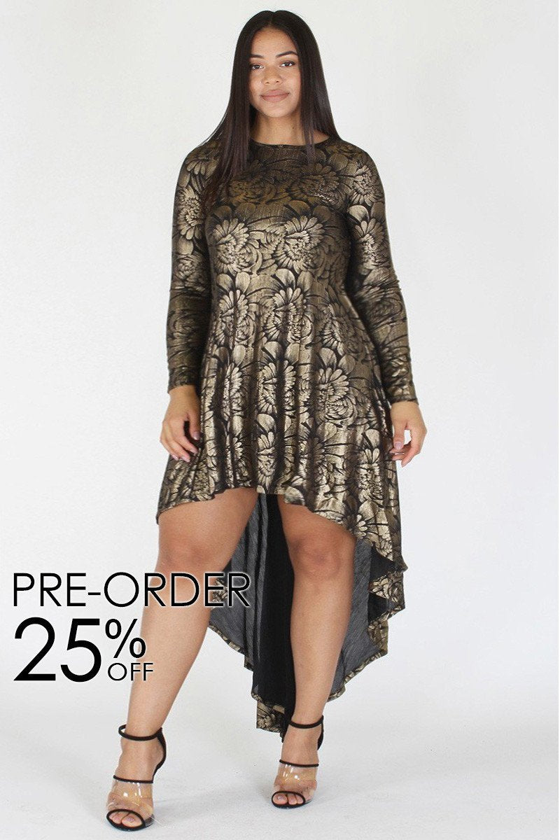 Plus Size Designer Gold Floral Hi Lo Cocktail Dress [PRE-ORDER 25% OFF]