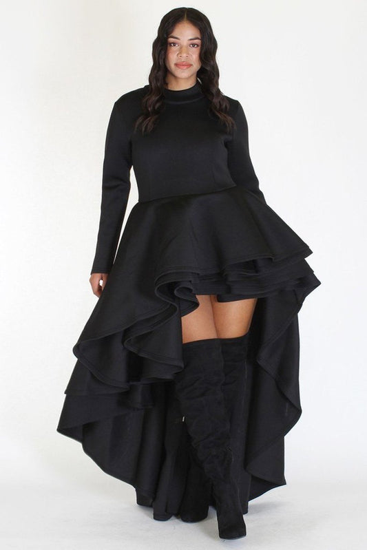 Plus Size Long Sleeve Glam Hi Low Tiered Dress Black