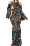 Plus Size Cold Shoulder Vintage Print Mermaid Bell Sleeve Maxi Dress