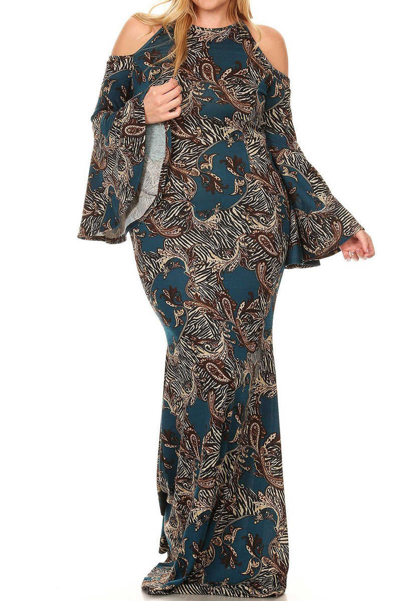 Plus Size Cold Shoulder Vintage Print Mermaid Bell Sleeve Maxi Dress