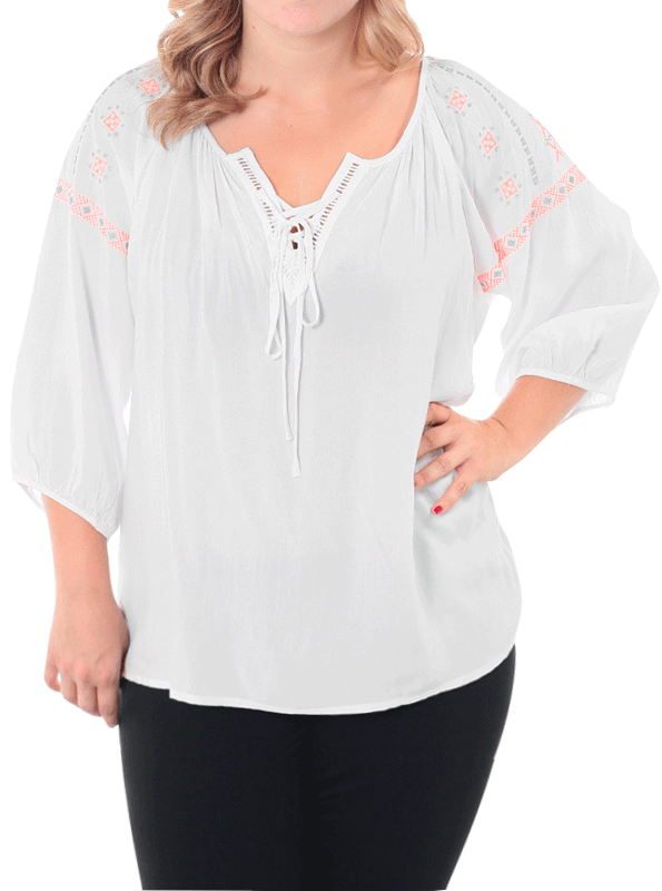 Plus Size Southwestern Orange Embroidered Blouse