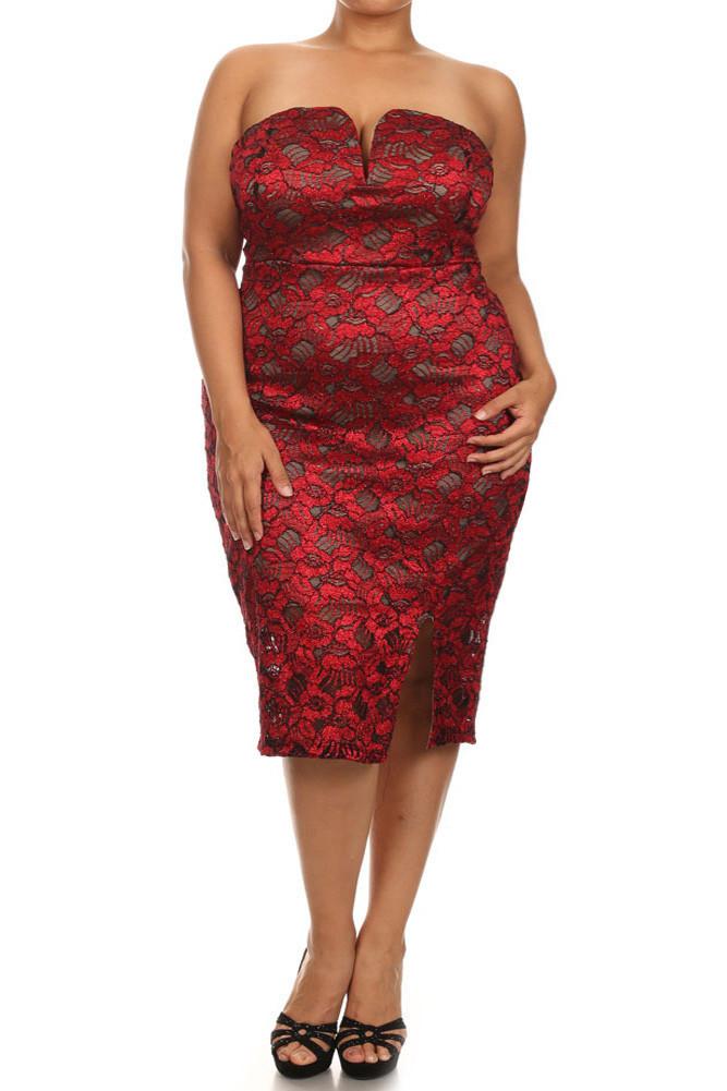 Plus Size Sparkling Flower Red Plunging Dress