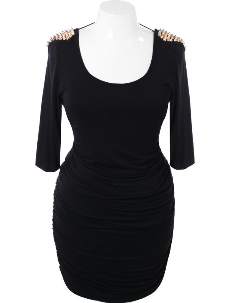 Plus Size Gold Spike Shoulders Black Dress