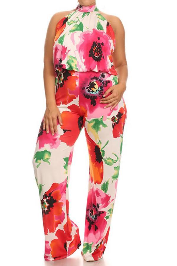 Plus Size Maui Floral Halter Neck Jumpsuit