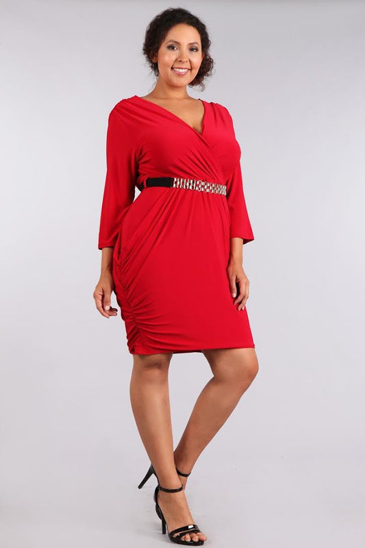 Plus Size Alluring Surplice Belted Ruched Red Dress