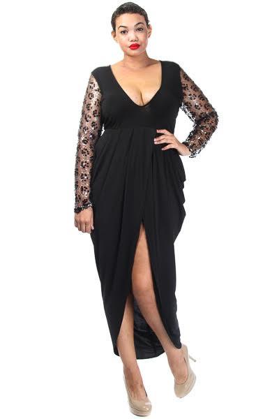 Sequin Sleeves Tulip Hem Plus Size Maxi Dress