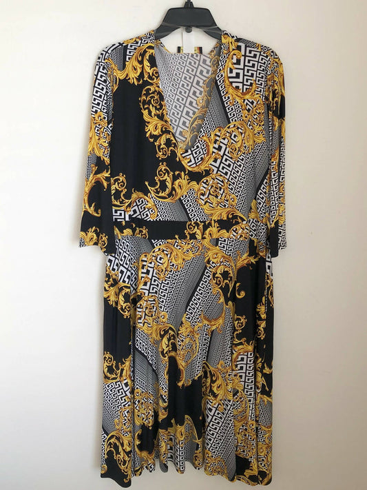 Silky Gold Black pattern deep V dress
